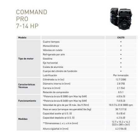 Motor Kohler CH270 Cilindrico 19.04mm Arra.Manual (Alerta Aceite)