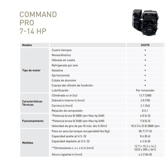 Moteur Kohler CH270 Cylindrique 19.04mm à manivelle manuelle (alerte d'huile)