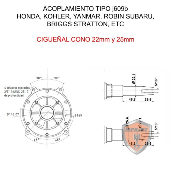 EA200 AC ACOPLAMENTO DE SOLDADURA SINCROTÉRICA MONOCÁSICA AC J609B CONE 25,4 MM (KOHLER, TIPO HONDA)