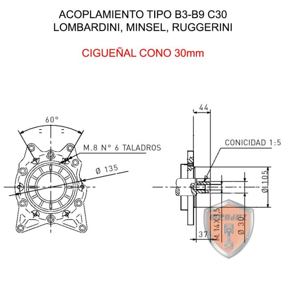 ALTERNADOR SÍNCRO 3000RPM MONOFÁSICO 10KVA ACOPLAMENTO CONE 30 (TIPO LOMBARDINI, RUGGERINI, MINSEL)