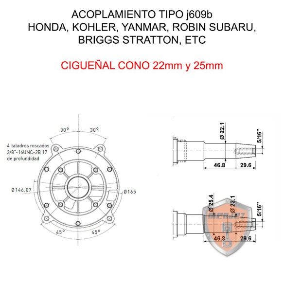 KOHLER CH395 CÔNE GÉNÉRATEUR MOTEUR 22-25,4MM